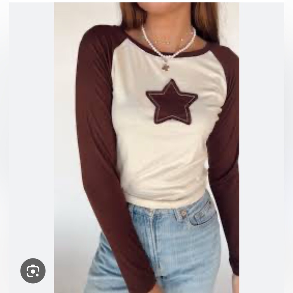 Cream and Brown Star Patch Raglan Tee